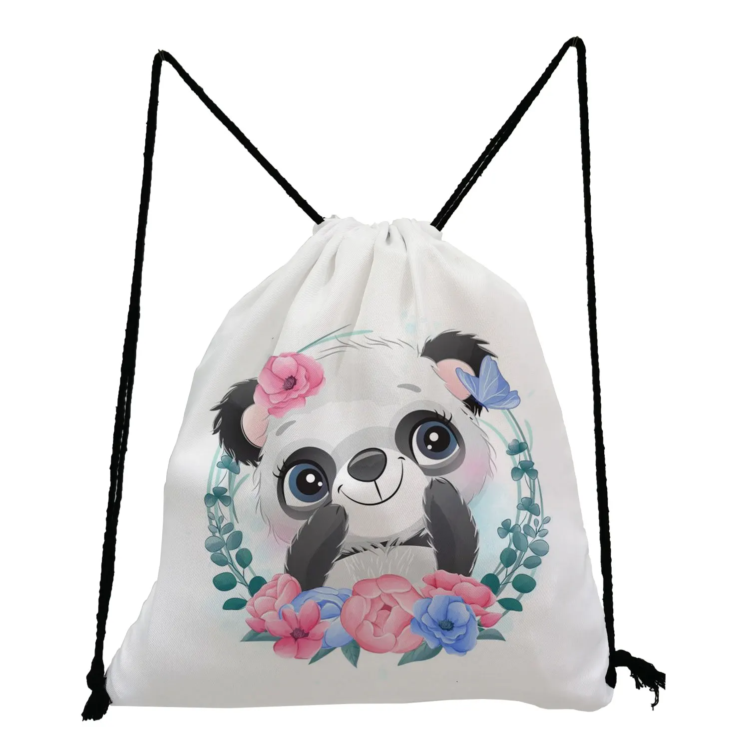 Backpacks for Students Shoes Bag School Drawstring Pocket Round Wreath Animal Pattern Panda Rabbit Penguin Civet Print Portable