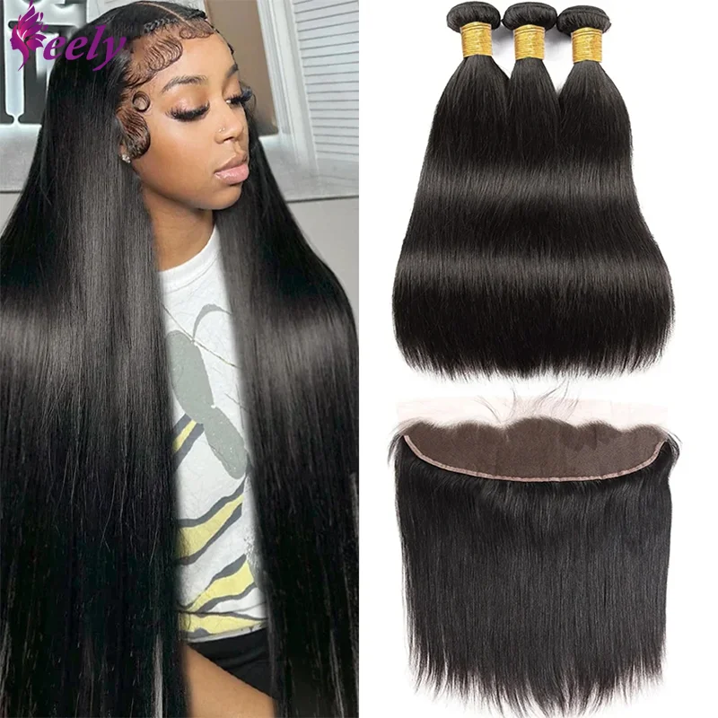 Bundles de cheveux humains droits avec tissage brésilien, dentelle transparente, extensions de cheveux naturels, 3 faisceaux, 13x4