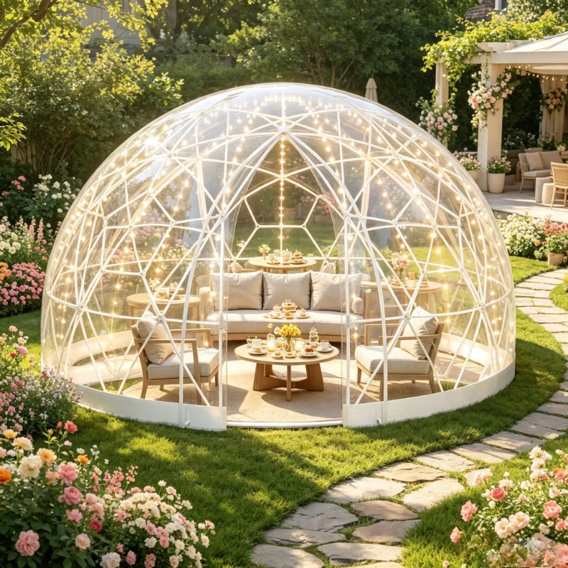 Transparentes Geodätisches Kuppelzelt, 15FT × 9.5FT PVC-Blasenzelt für 10-14 Personen, Allwetter-Gewächshaus mit Bogenfenstern, Sternbeobachtungszelt für Garten, Hochzeit & Glamping
