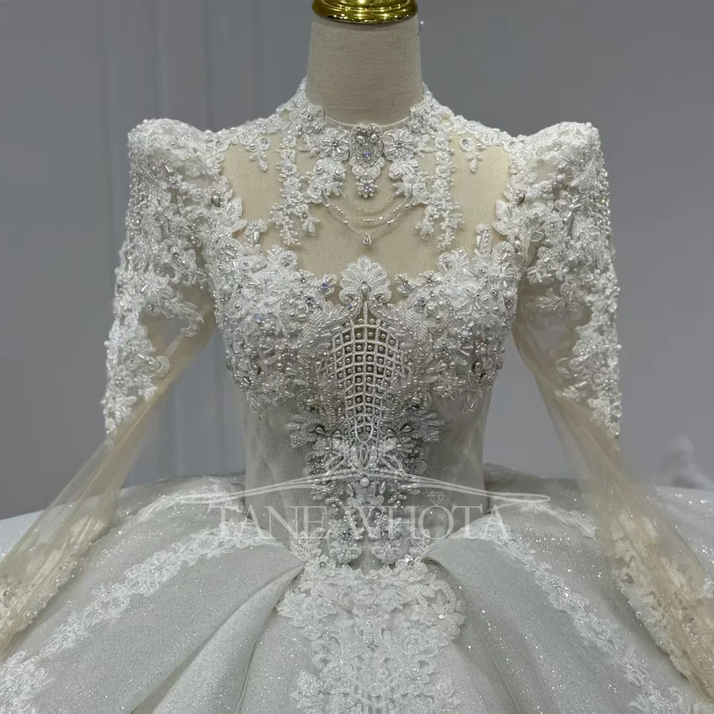 

High Neck Long Sleeve Wedding Dress With Lace-Up Keyhole Back Beaded Crystal Embroidery Customizable Boda Vestidos