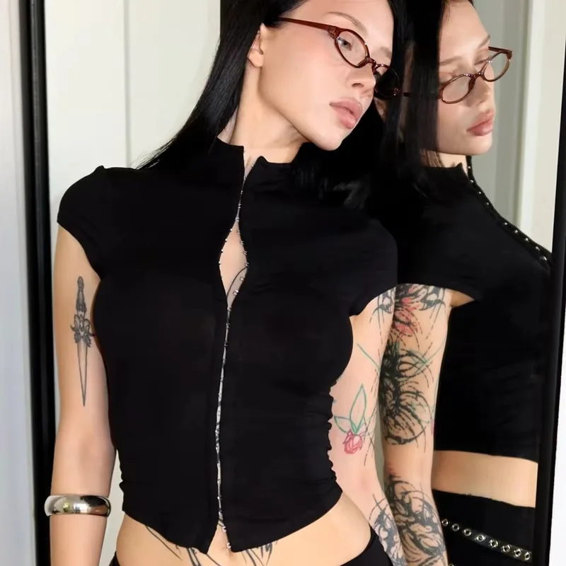 Women Summer Slim Y2K T-shirt Solid Sexy Spicy Girls O-Neck Short Sleeve Top Harajuk Casual Aesthetics Crop Top High Street