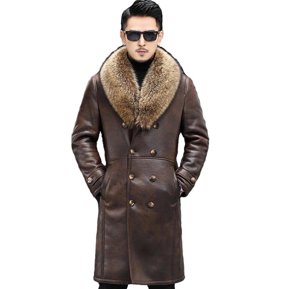 

Denny&Dora Mens Brown Shearling Overcoat Warm Shearling Coat Natural Shearling Leather Coat