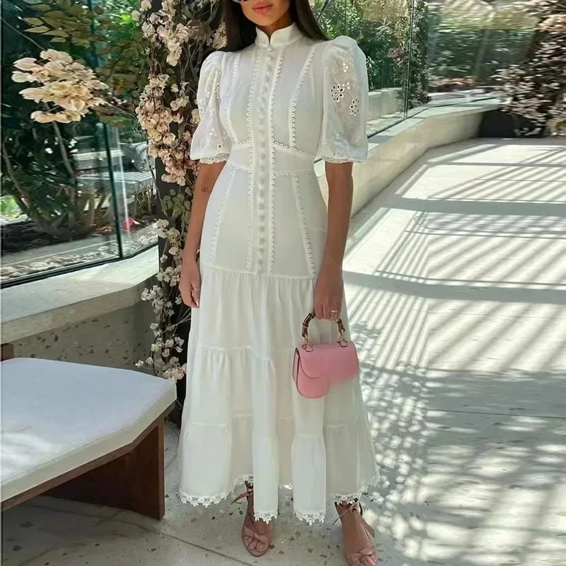 Elegante effen kleur lange damesjurk 2025, zomer nieuwe mode, staande hals, korte mouw, enkele rij knopen, taille, krimpende jurk - afbeelding 2