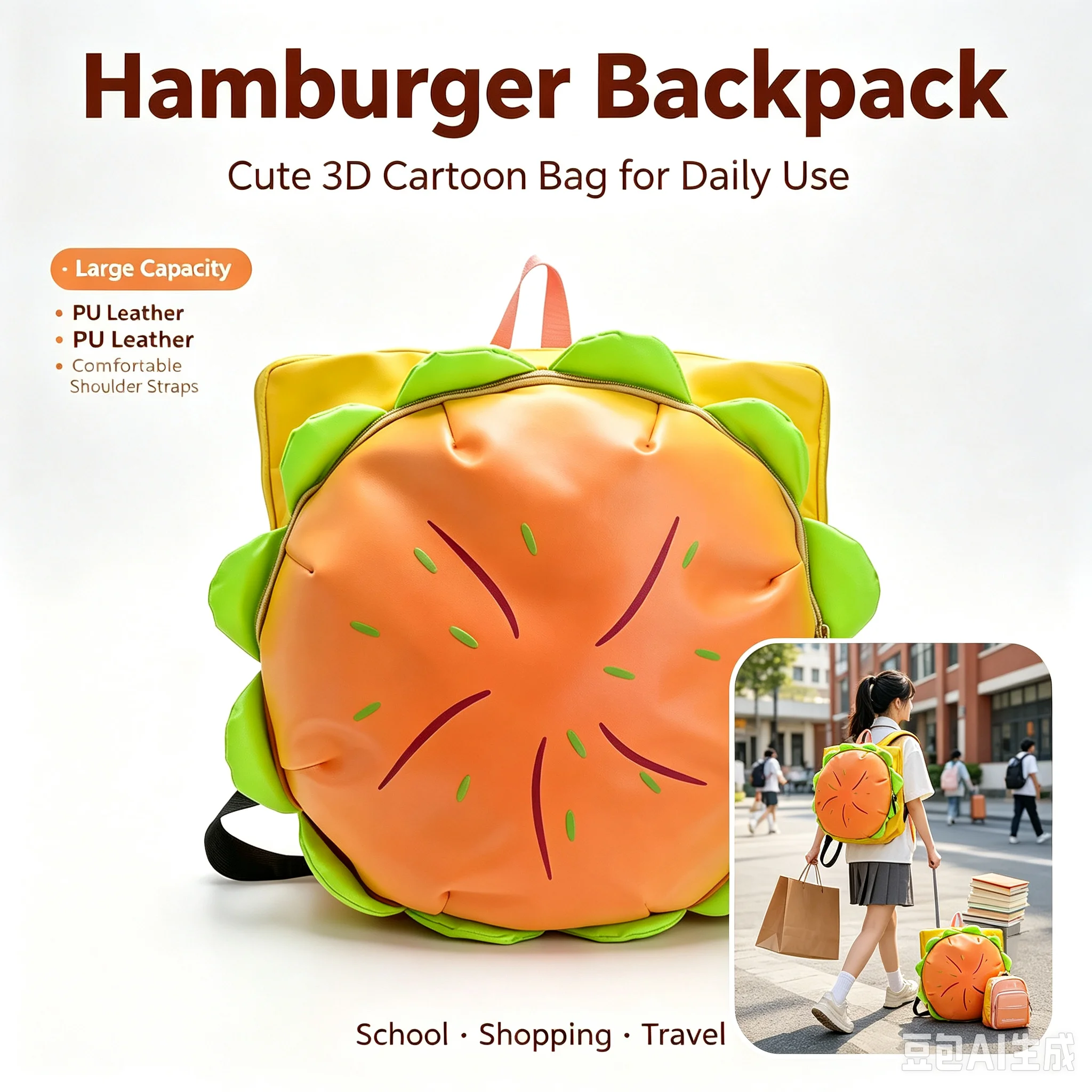 Hamburger Backpack Laptop Storage Zipper Portable Casual Tote PU Casual Backpack Stylish for Unisex Travel Outdoor Vacation