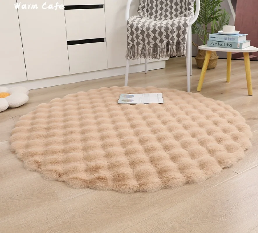 Round Carpet Cream Style Bubble Fleece Rabbit Fur Like Bedroom Bedside Bay Window Mat