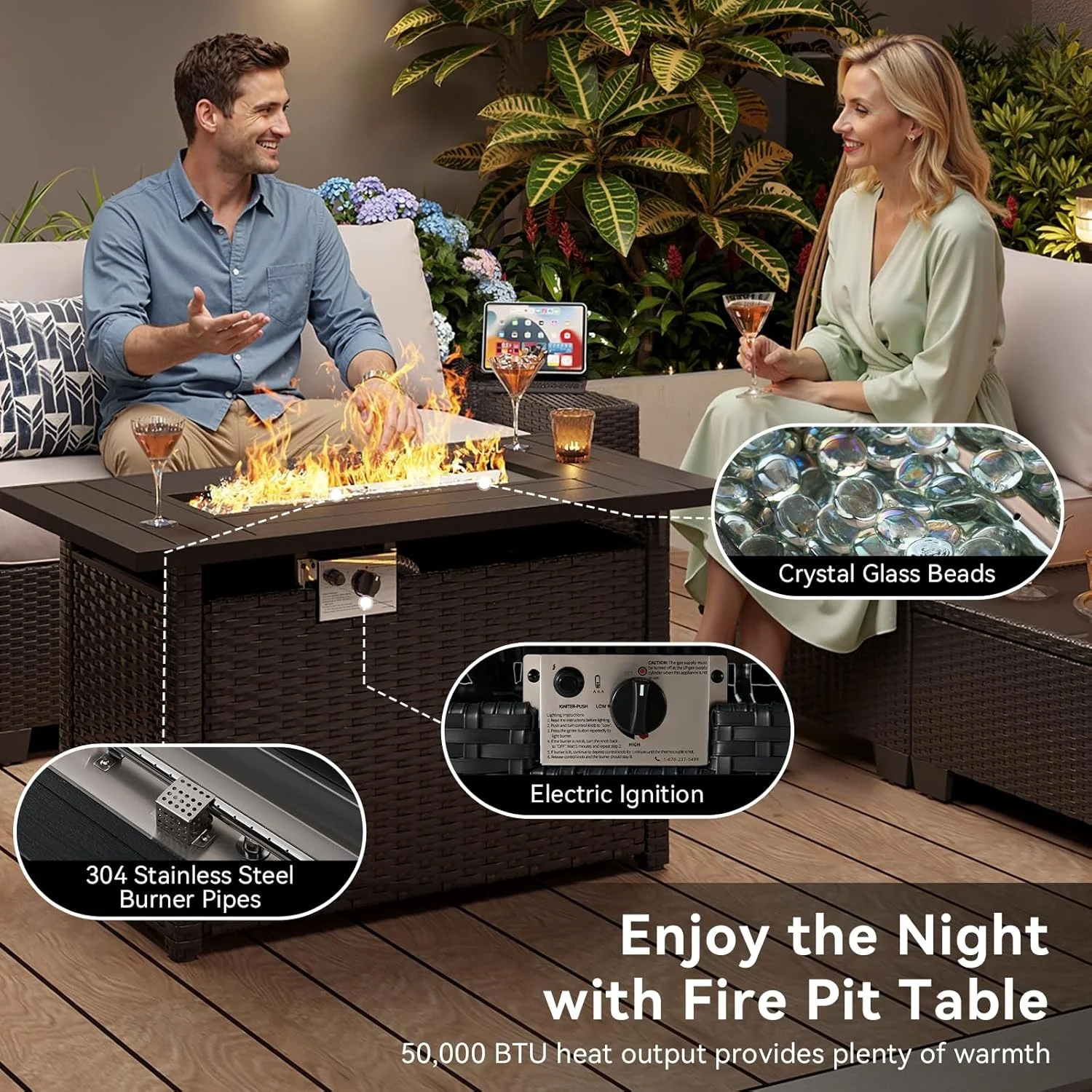 Nordivale 44'' Outdoor Wicker Gas Fire Pit Table, 50,000 BTU Propane Firepit with Lid, Patio Furniture Set for Backyard Poolside Garden (Brown) view 4