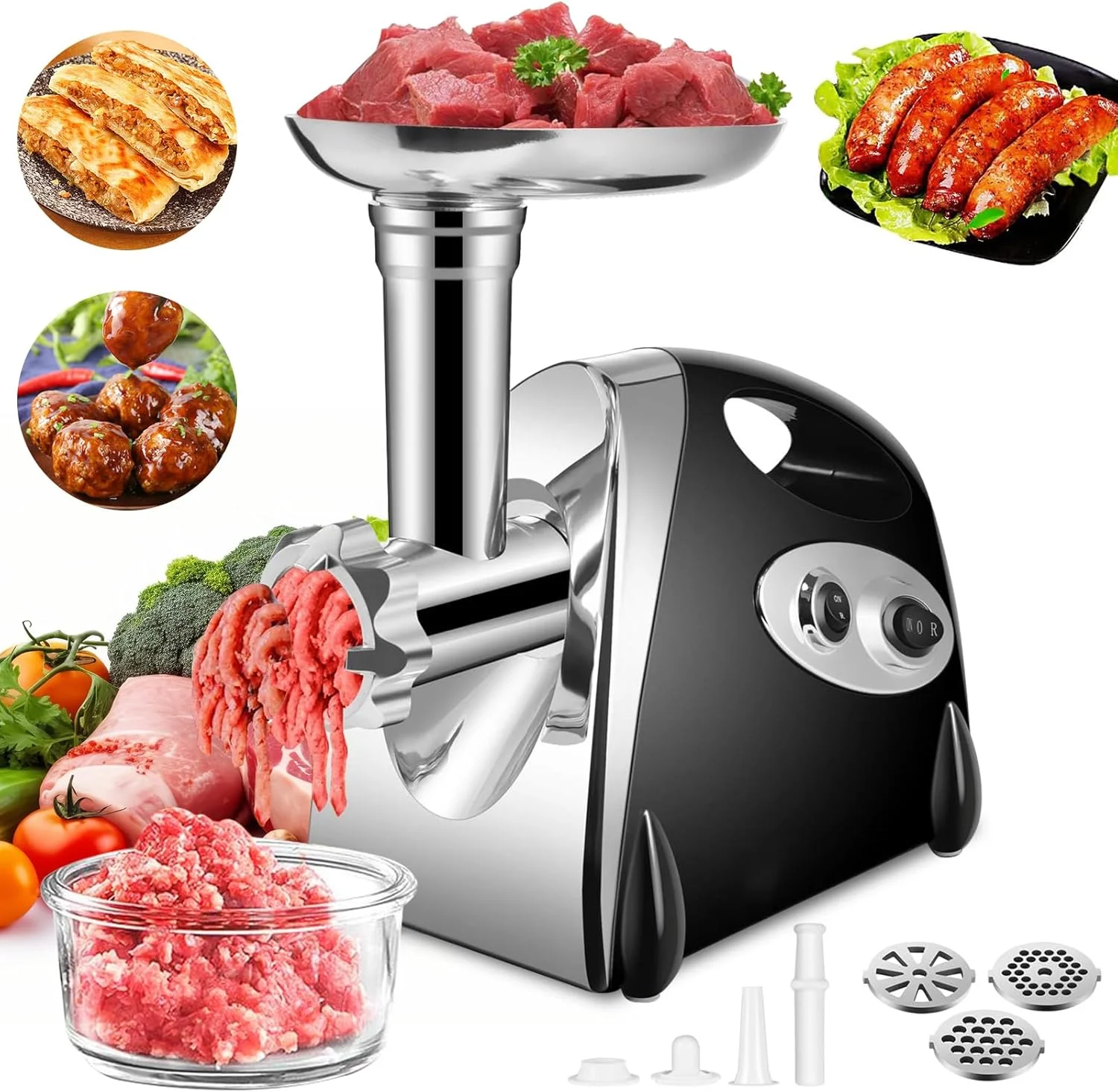 Tritacarne Elettrico 2800W in Acciaio Inox, Processore Multifunzione per Verdure e Salsicce, Affettatrice, Trituratore, Processore per Alimenti per Bambini