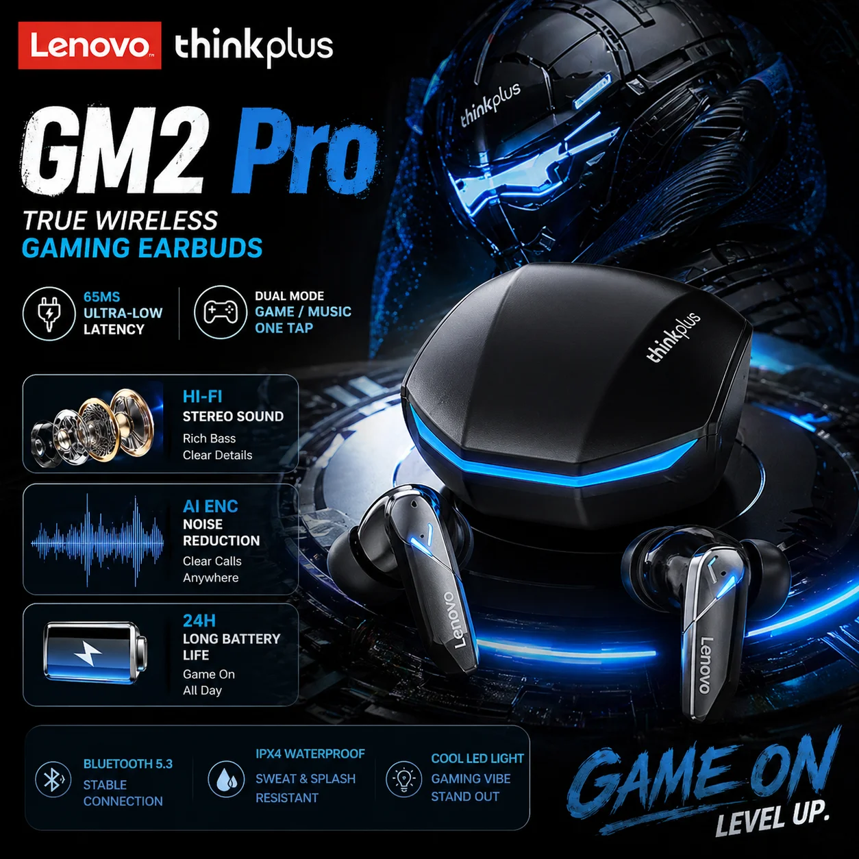 Fones de Ouvido Sem Fio Lenovo GM2 Pro Bluetooth 5.3 para Jogos com Baixa Latência, Modo Duplo, Música, Esportivos, Intra-auriculares com Microfone, Presentes
