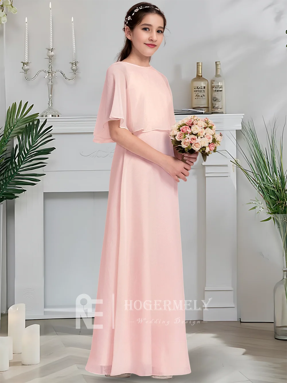 Luxuoso decote colher júnior vestido de dama de honra blush vestido da menina de flor até o chão chiffon festa de casamento vestido de soiree