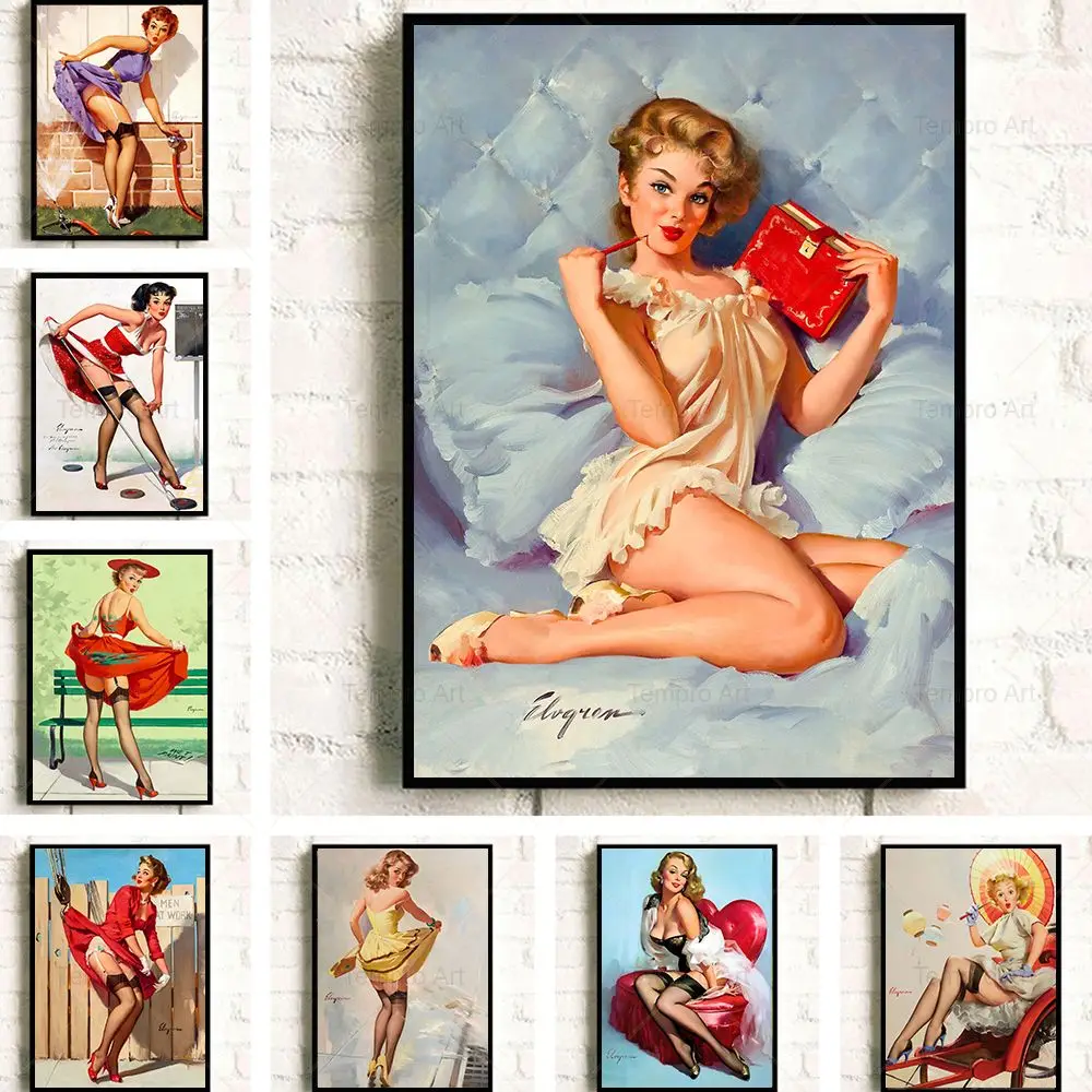 Vintage Funny Pin Up Girl Poster Sexy Woman Lift The Skirt Canvas Painting Prints Wall Art Pictures Bar Living Room Home Decor