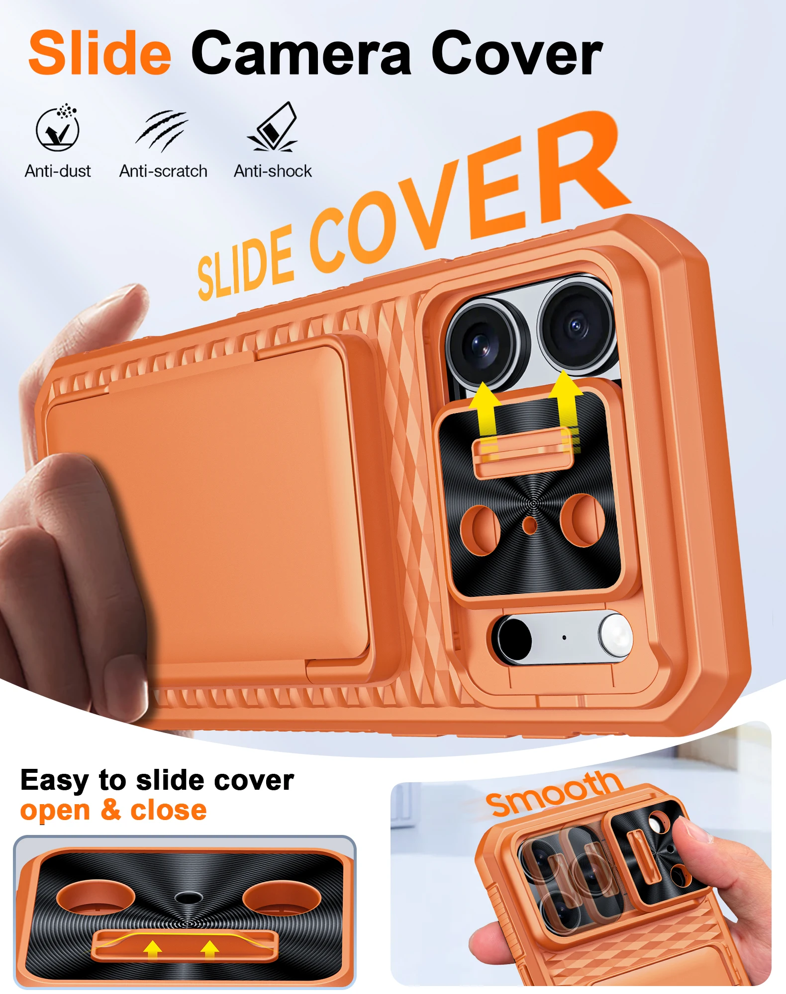 For iPhone 17 Pro Max With Card Holder Sliding Camera Cover And Stand Phone Case, Anti-Fall PC+TPU Wallet Case-Orange