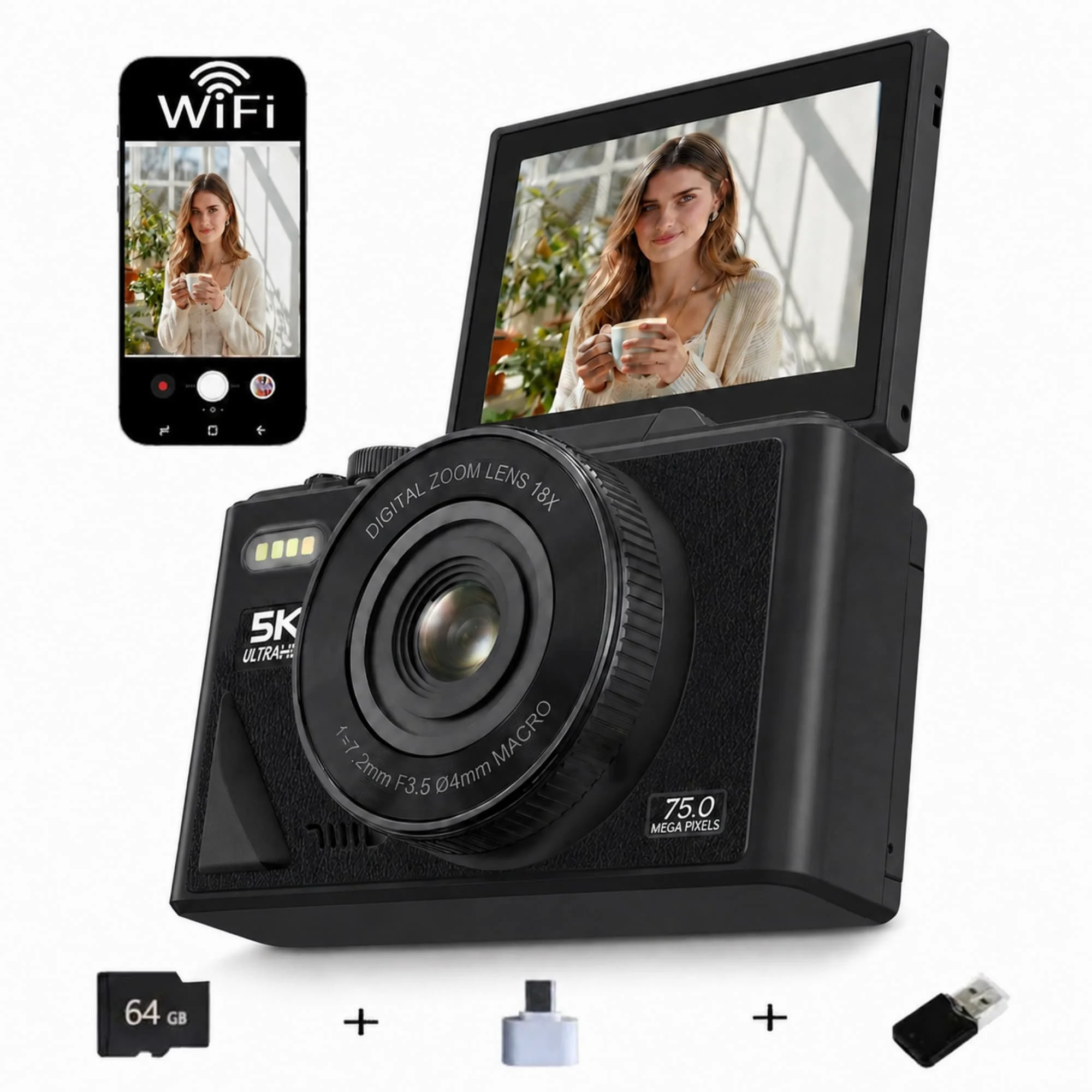 5K-Ultra-HD-Digitalkamera, kompakte Kamera mit 75 Millionen Pixeln, schwenkbares Display, inklusive 64-GB-Speicherkarte, Typ-C-Adapter + USB-Kartenleser, Autofokus, ideal für Vlogging-Einsteiger