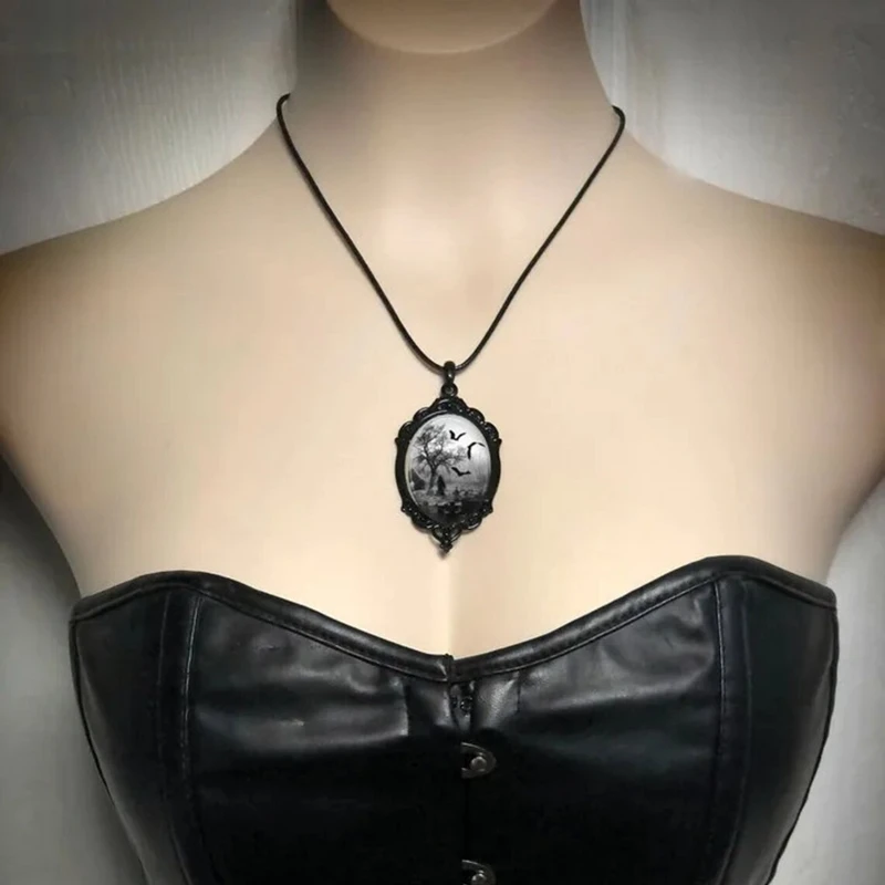 Gothic Bat Cemetery Charm Necklace For Women Man Fashion Witch Jewelry Accessories Gift Cemetery Glass Pendant Rope Chain Choker