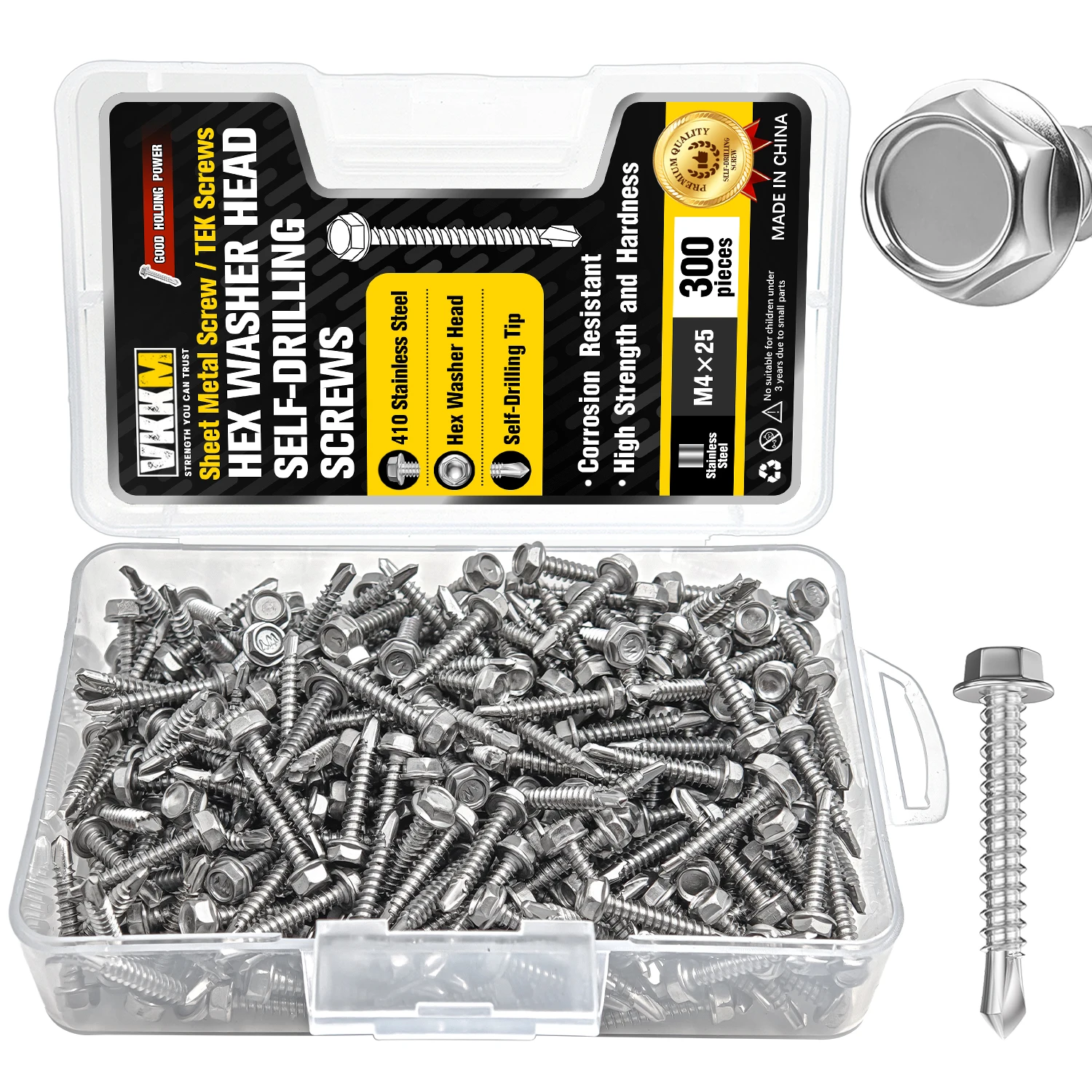 VKKM 300Pcs M4×25 Hex Washer Head Self Drilling Screws, 410 Stainless Steel TEK Sheet Metal Screws, Self-Drilling Tip Anti-Corrosion Fasteners for Aluminum, Roofing, Furniture, Metal Plates