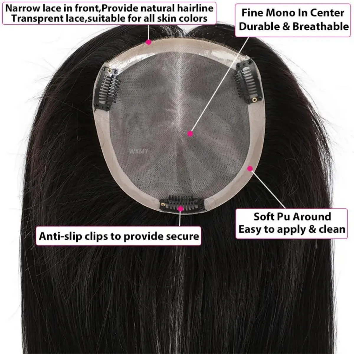 أغطية شعر بشري متينة، قاعدة أحادية وبولي يوريثان دقيقة مع مشابك على نظام قطع الشعر القابلة للتنفس لتغطية الشعر الرمادي أو الرقيق