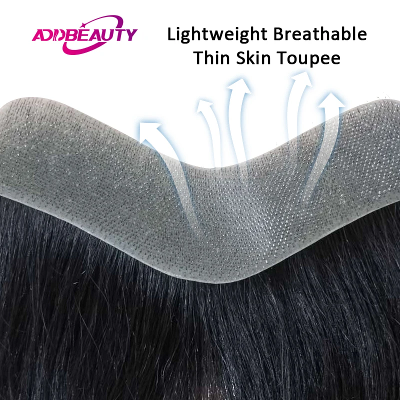 V Frontal Toupee Thin Skin PU 0.05-0.14mm VLoop Men Wig Indian Human Hair Replacement System 6inch Hairpiece Natural Color 100%