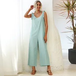 Ladies Bib Pant Suspender Trouser Cotton Loose Casual Female Women Solid One-Piece Wide Leg Romper Overalls Jumpsuit Streetwear