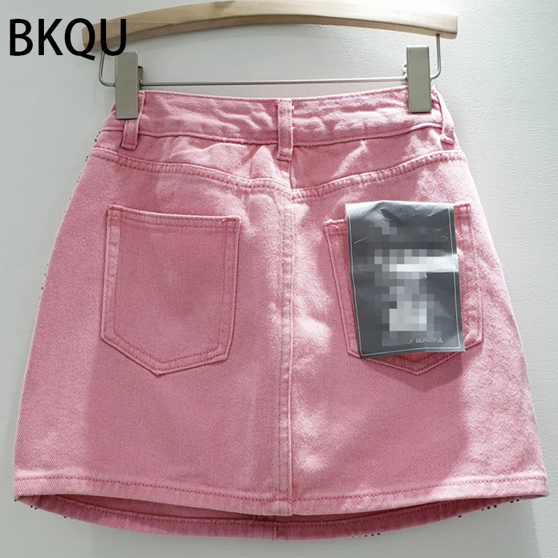 BKQU 2023 New Rhinestone Denim Mini Skirts Women Fashion Party Club Diamonds High Waist Jean Skirt Y2K Aesthetic Korean Bottoms