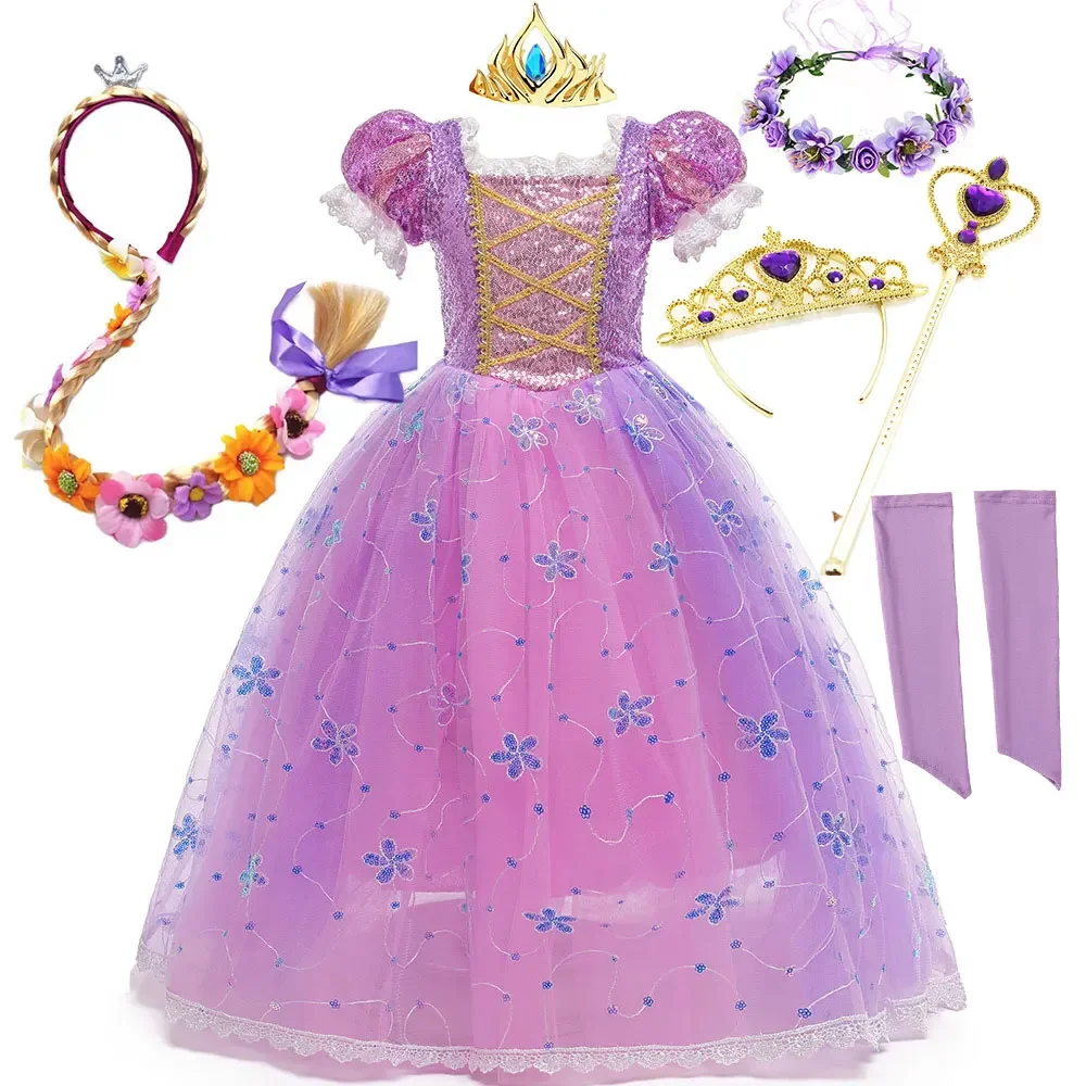 Robe raiponce de luxe pour fête d'anniversaire pour filles, avec corsage à paillettes, film emmêlé, Costume de princesse Cosplay, robe de conte de fées de carnaval
