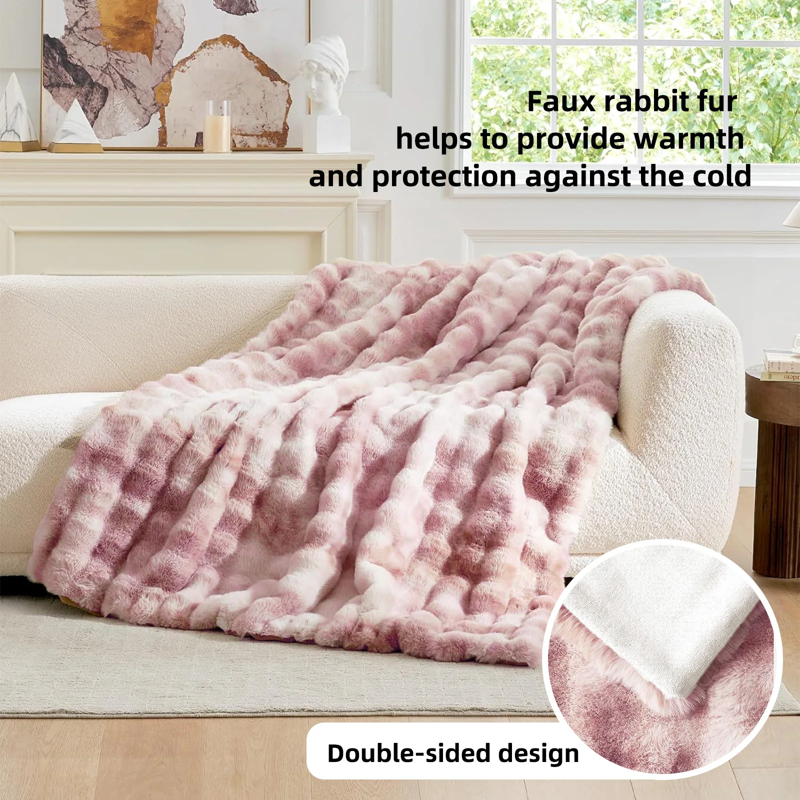 100% weighted Faux Rabbit Fur Throw Blanket, Ultra Soft Fluffy Thick Plush Fuzzy Blanket, Cozy Warm Luxury Bubble Furry Blanket for Sofa Couch Bed Chair, Decorative Shaggy Fleece Blanket for Home Bedroom Decor, All Season Use. view 4