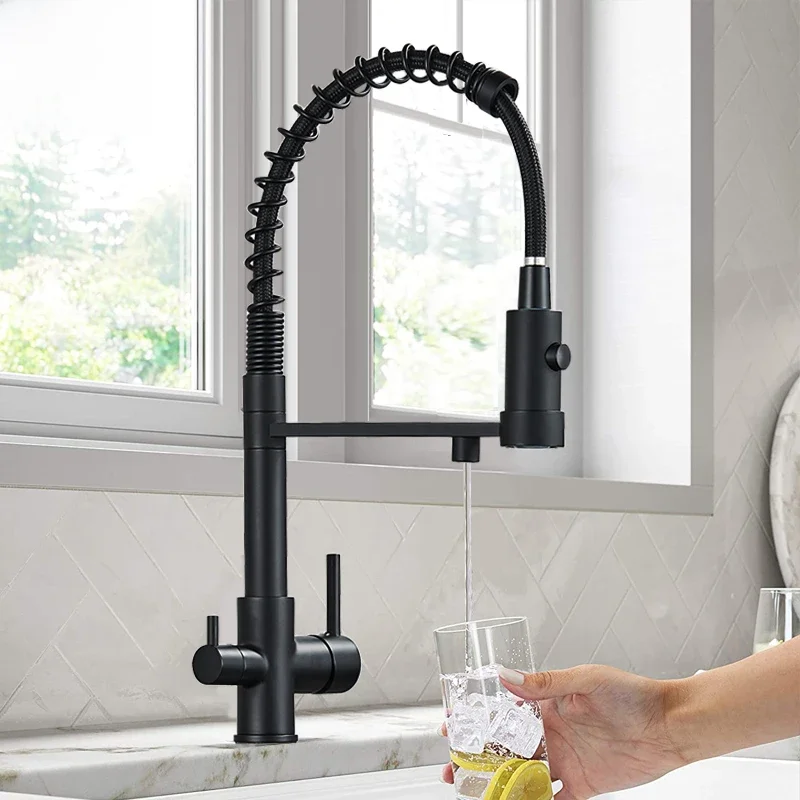 Zwart gefilterde keukenwaterfilter Keukenkranen Dubbele uitloop Filter Kraan Mixer Waterzuivering Waterkraan voor keuken - afbeelding 2