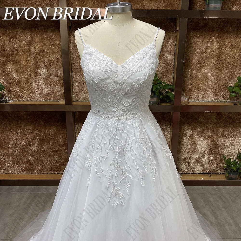 EVON BRIDAL Koronkowe Koraliki Suknie ślubne Dla Kobiet Bez pleców Księżniczka vestido de casamento Spaghetti Paski V-Neck Suknie panny młodej 2024 Eleganckie A-Line Aplikacje Prawdziwe zdjęcie Plus Size Suknia ślubna