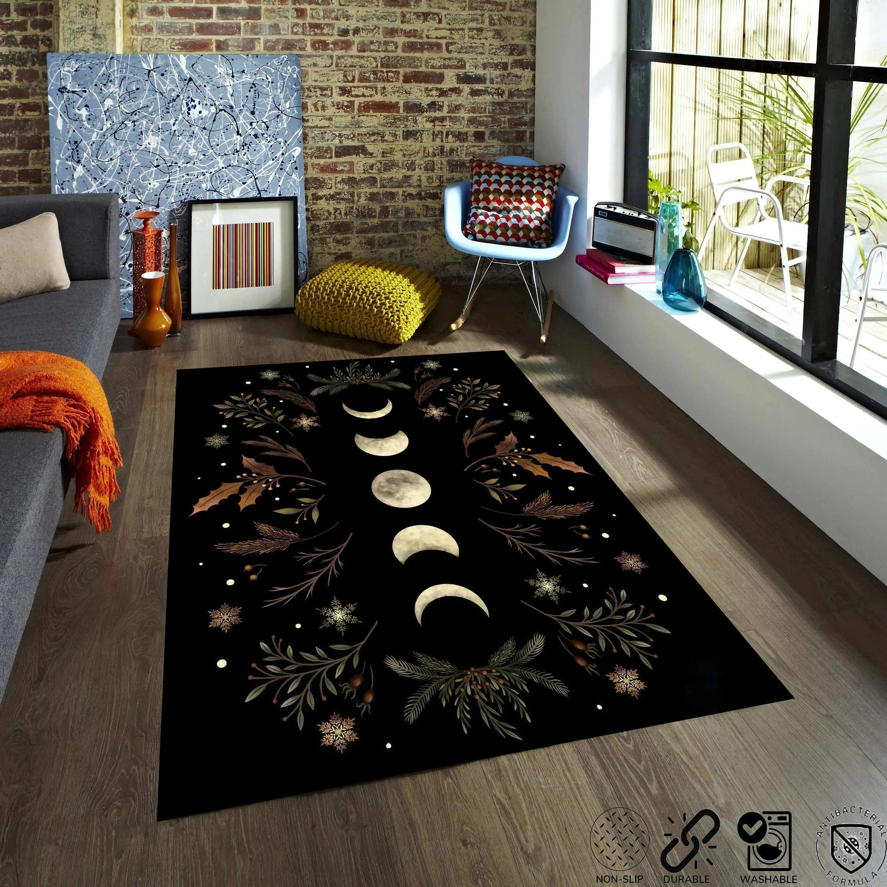 Moonlit Garden Area Rug Moon Carpet Black Based Cycle Of The Moon Floral Pattern Lunar Eclipse Astrology Starry Night Floor Mat