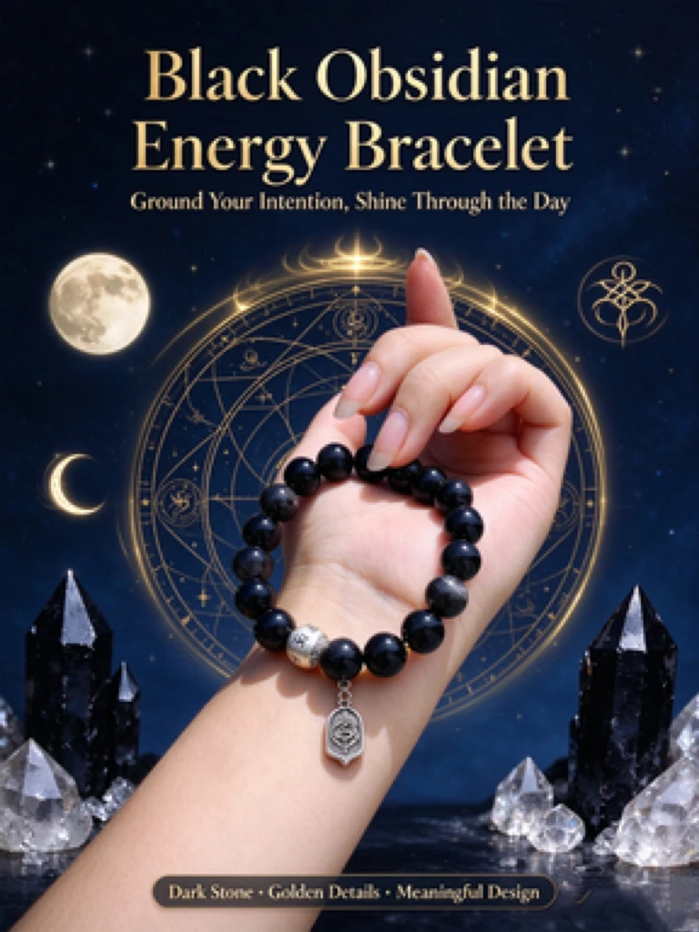 Unisex Bohemian Obsidian Single Strand Bracelet, Natural Obsidian Beads, Carved Accent Bead Charm, Calming Grounding Vibes Jewelry, Xmas Gift