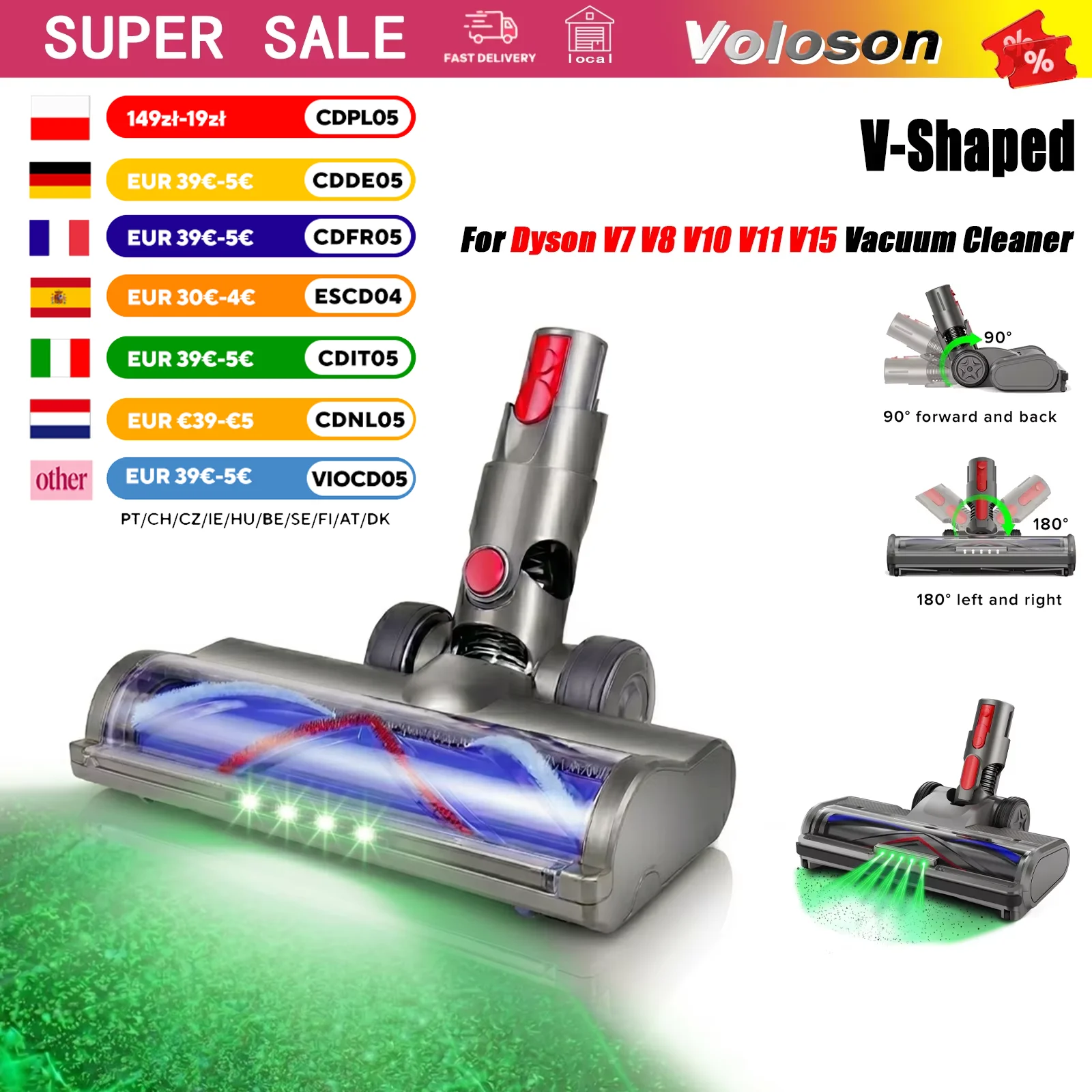Brosse à rouleaux sous vide en forme de V avec lumière LED, tête de brosse à double poils pour V8 V10 V11 V15 G5, détachable et lavable