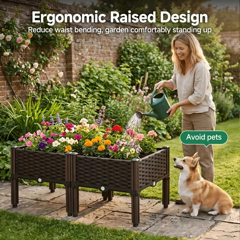 Ergonomic Elevated Raised Garden Bed, Large Planting Bed,Rattan Texture Plastic Planter Box with Support Legs, No Bend Gardening Planter for Growing Veggies, Herbs, Flowers on Patio, Lawn & Backyard image 7