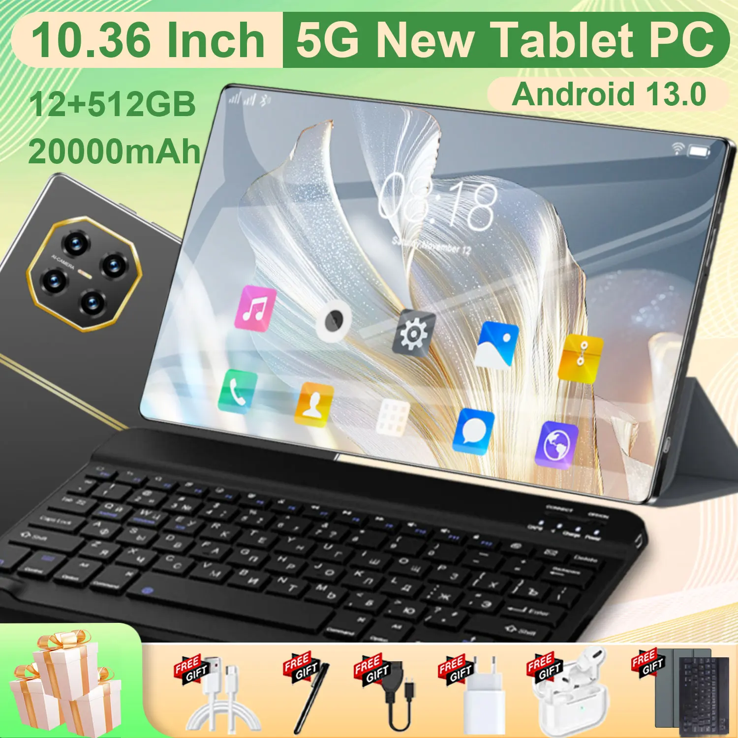 Nueva tableta 5G de 12GB+512GB, 10.36 pulgadas, Android 13.0, Bluetooth, 20000mAh, 14 núcleos, WIFI, Office, GPS, HD, con teclado