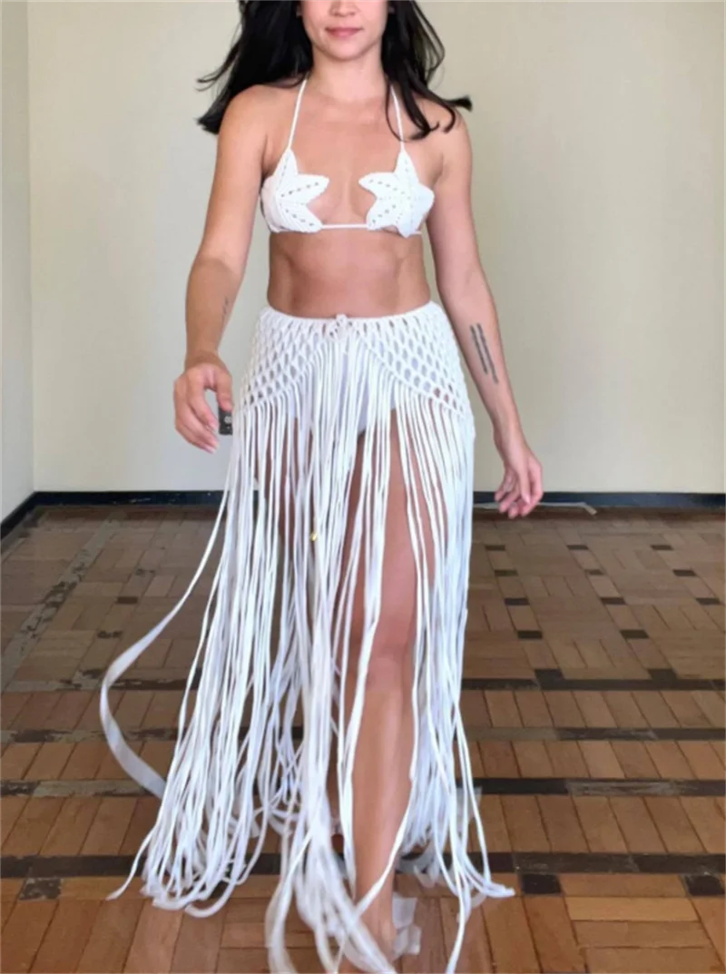 2PCS Beachwear Sexy Hollow Out Fishnet Fringe Long Knit Dress Women's Top Bra and Tassel Skirt Beach Crochet Bikini Cov