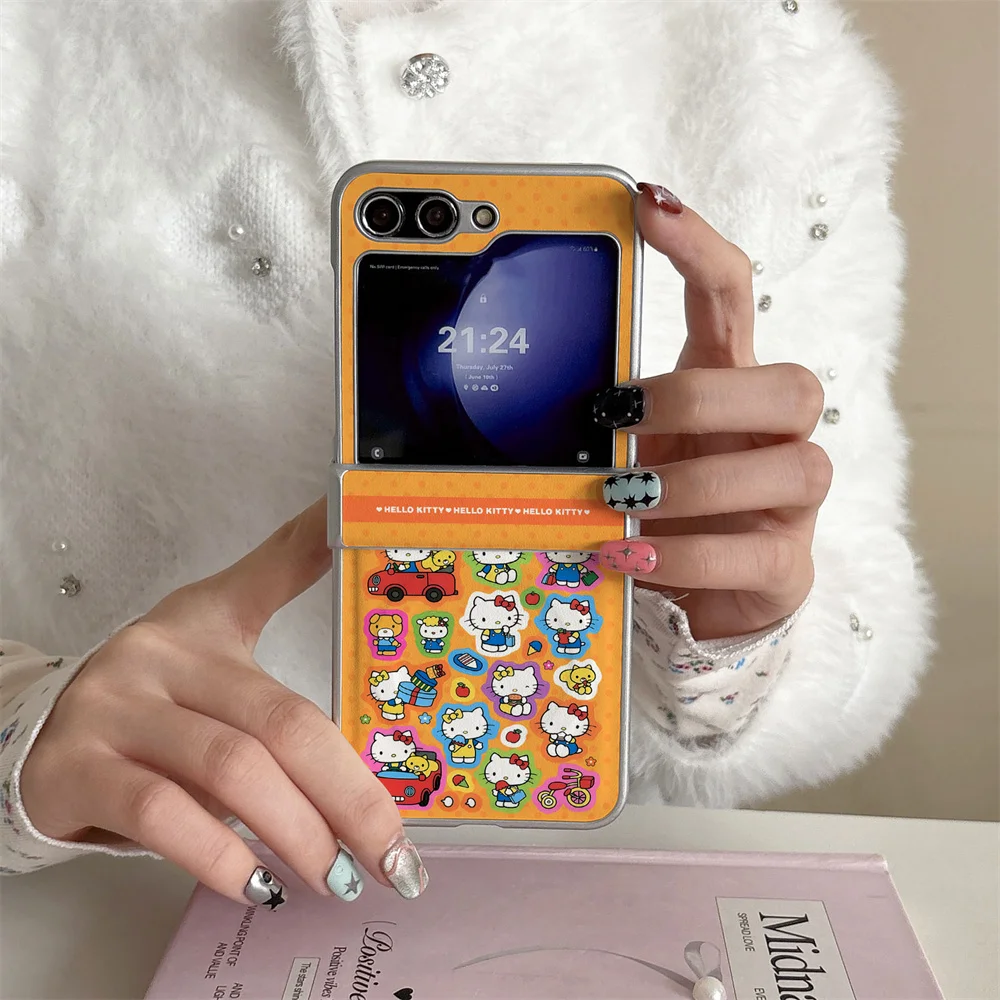 Cute orange full screen KT cat PU leather case suitable for Samsung Galaxy Z Flip 7/6/5/4 Flip 5 Flip 6 Flip 4 Fro magnetic case