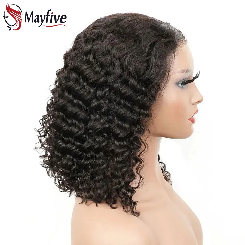 Perucas de Onda Profunda para Mulheres Negras, 4x4 Fechamento do Cabelo Humano, Linha Fina Natural, Cabelo Brasileiro Curly Bob Lace Wig