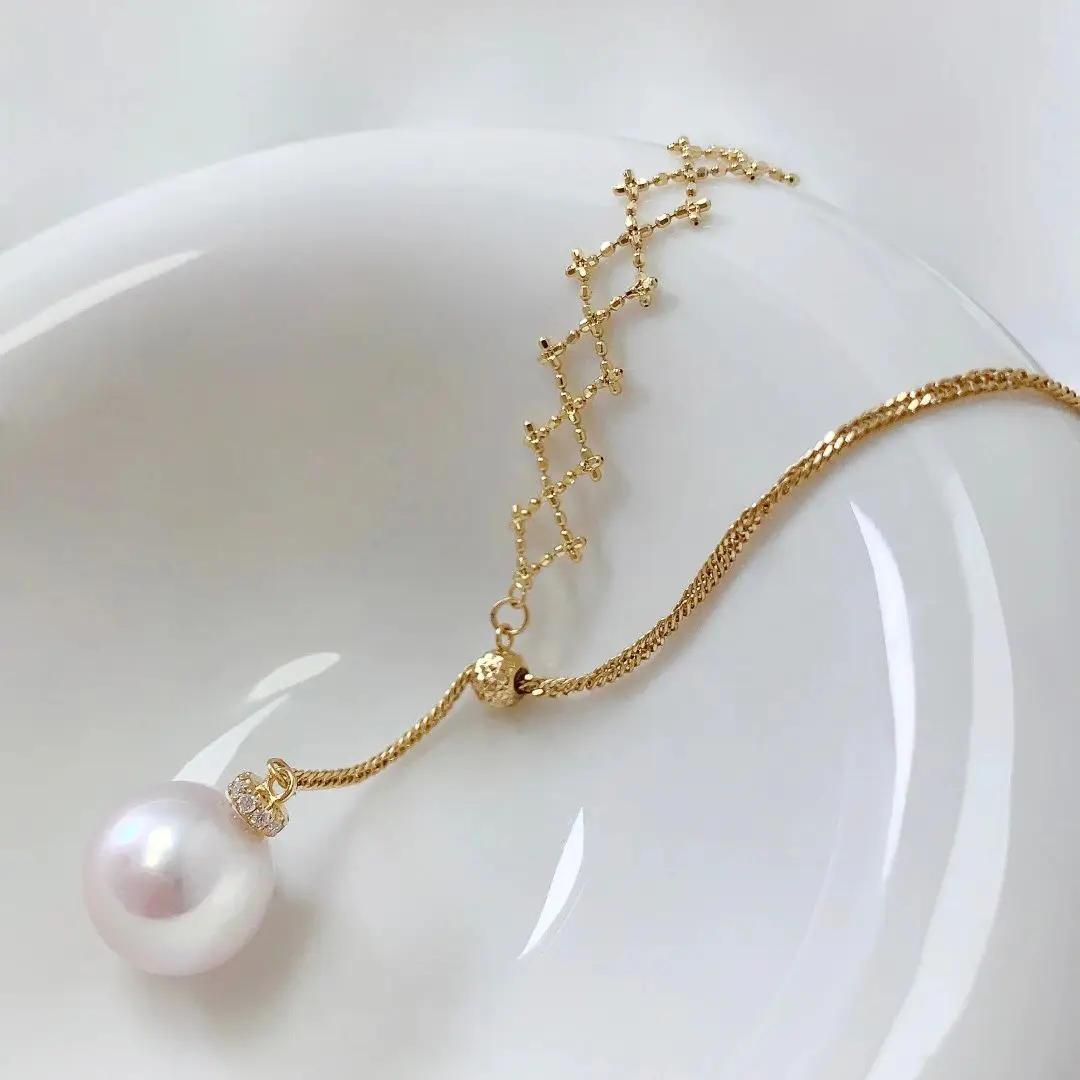 MADALENA SARARA 8-9mm White Freshwater Pearl Women Necklace 18K Yellow Gold Rope And Square Style Chain