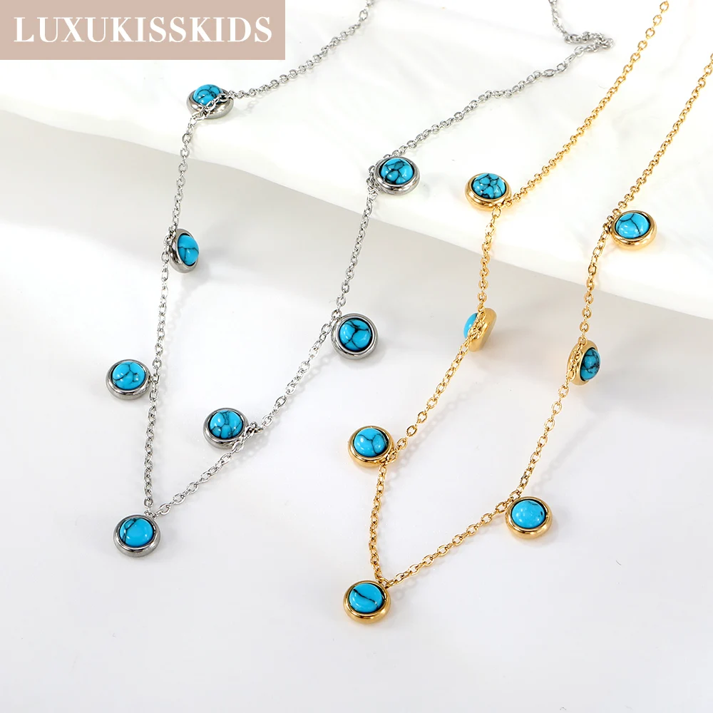 LUXUKISSKIDS Trendy Casual Blue Pine Stone Charms Necklace for Women Stainless Steel Tassel Choker Summer Beach Holiday Jewelry