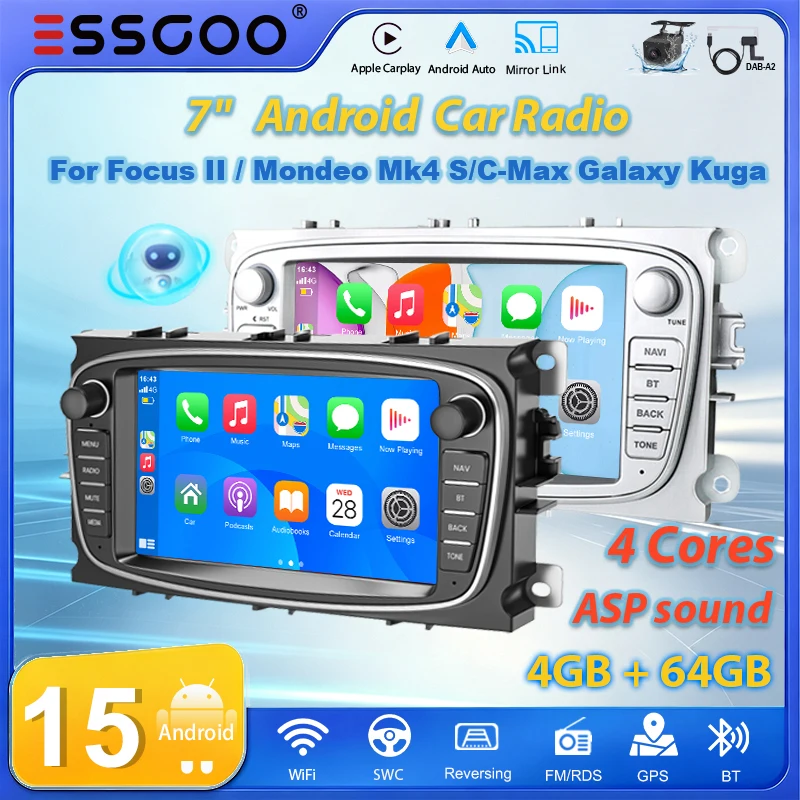 ESSGOO 7" Android 15 Autoradio 4GB+64GB für Focus II / Mondeo Mk4 S/C-Max Galaxy Kuga, kabelloses Carplay, Android Auto, GPS-Navigation, RDS, FM, WLAN, Bluetooth, Mirror Link, Swc, Touchscreen,
