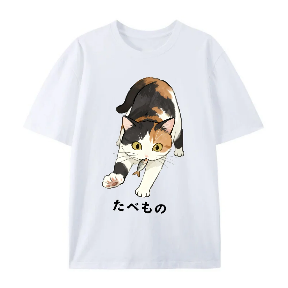 Fishing Cat Print T Shirt Unisex Oversized Soft Cotton Tee With Calico Cat Pattern Casual Short Sleeve Sweatshirt Streetwear