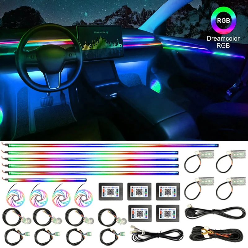 Car Acrylic Colorful Ambient Lamps Strip Universal Auto Accessories Interior Neon LED App Contro 64 RGB Atmosphere Lights 22 in1