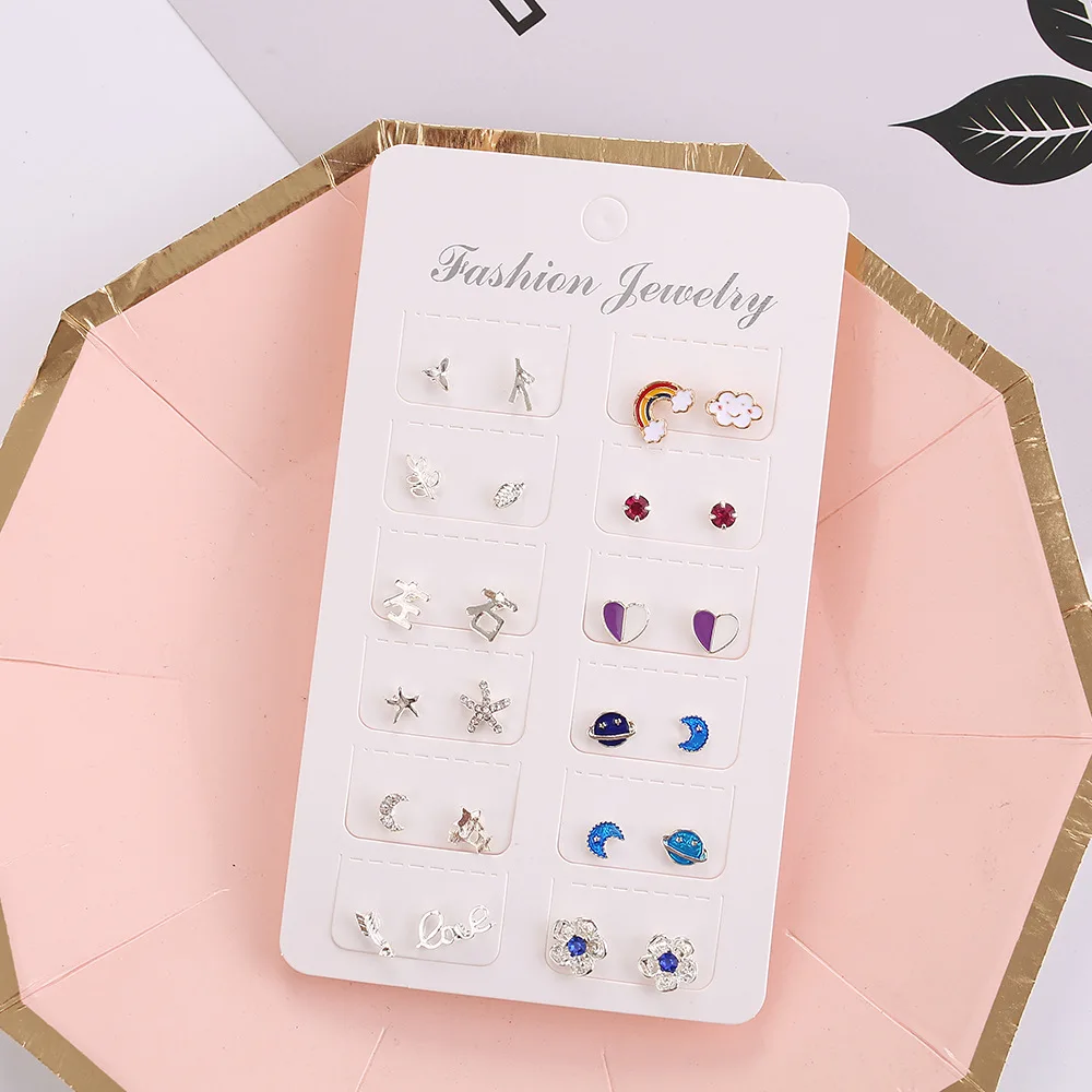 12 Pairs Small Planet Moon Star Stud Earrings Set For Women Simple Geometric Flower Rhinestone Earrings Fashion Party Jewelry