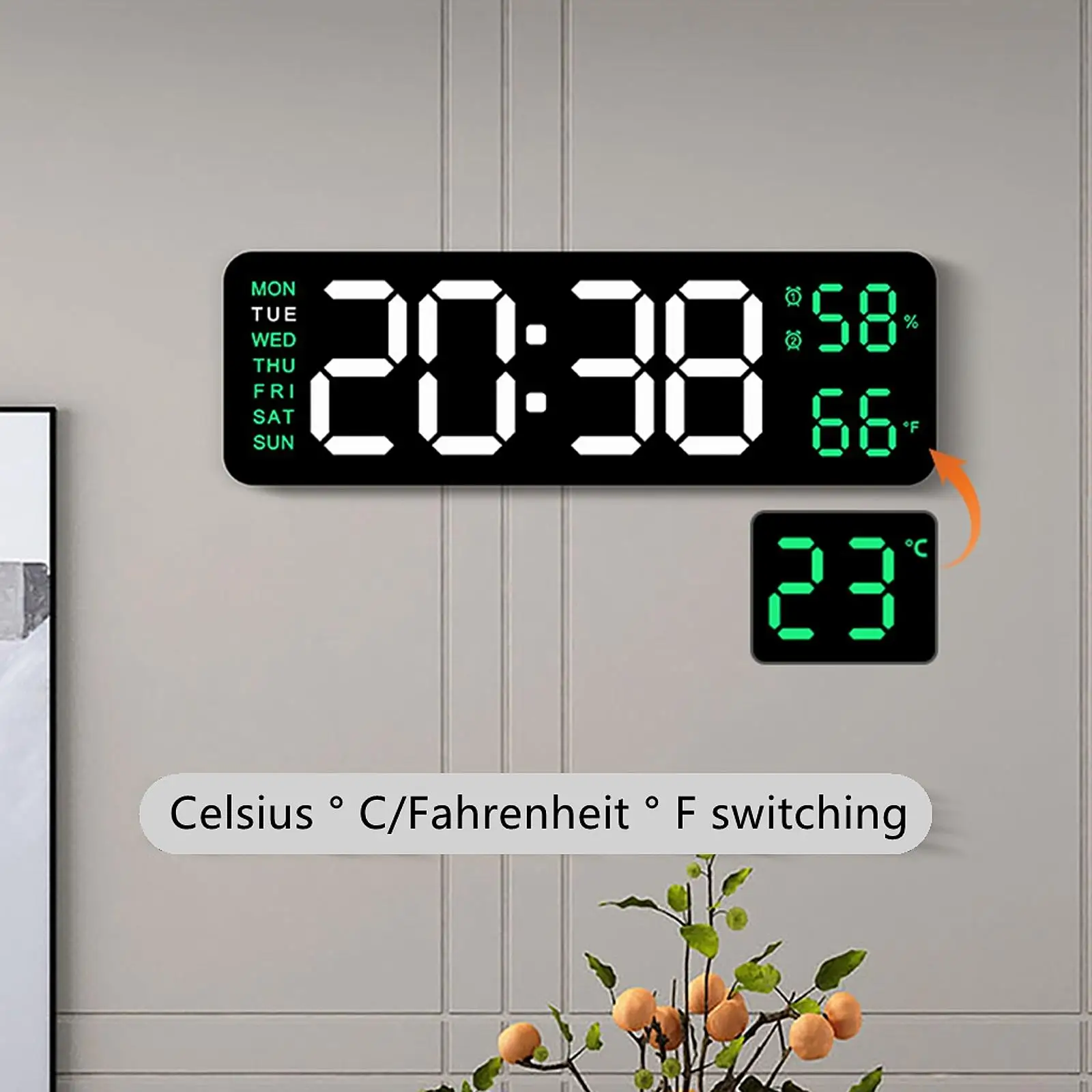 Digital Alarm Clock LED Display Memory Function 12/24H with Temperature Humidity Week Shows Plastic Desk Clock for Wall Hanging
