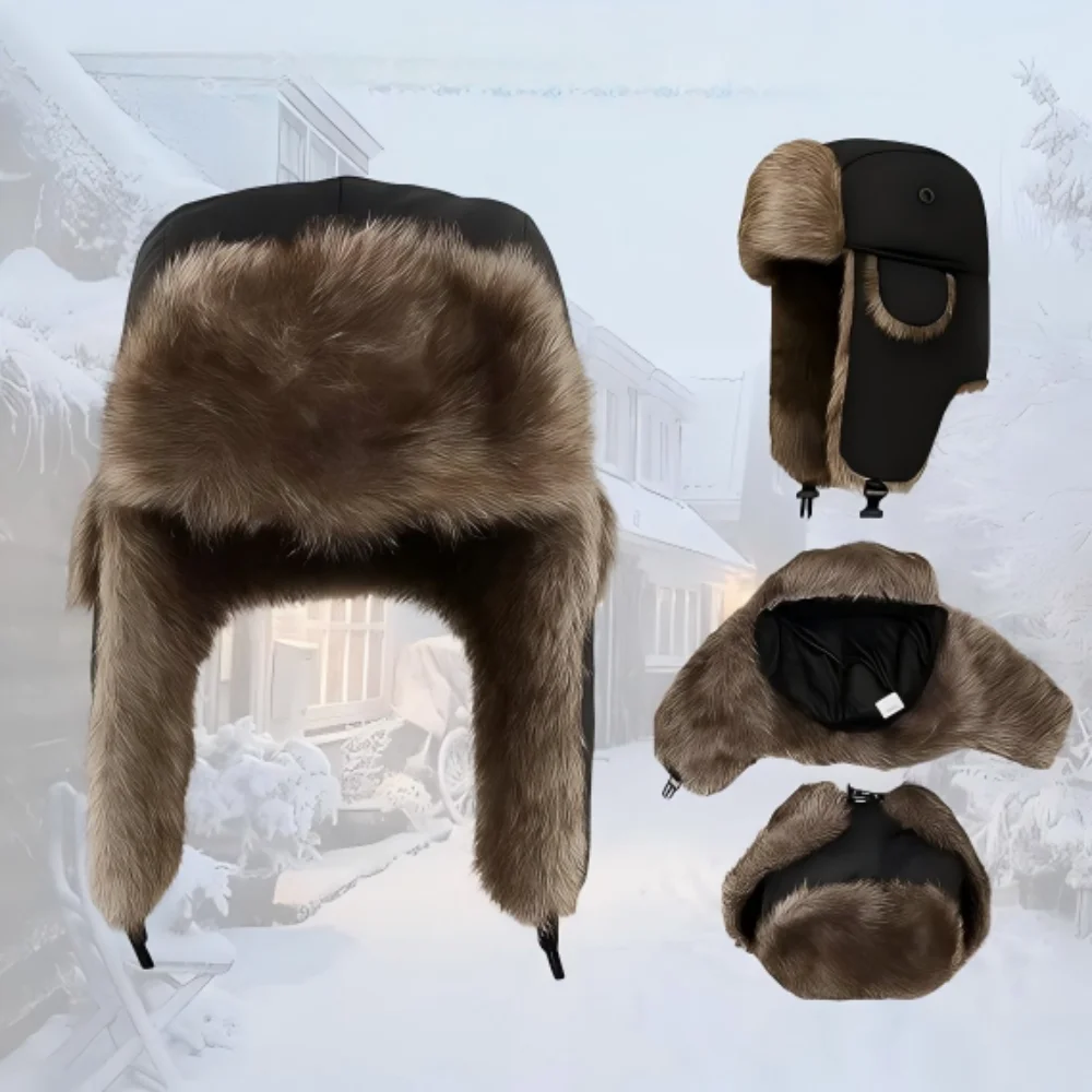 Unisex-Wintermütze mit Ohrenklappen – Warme Trapper-Mütze mit Kunstfellfutter, dick isolierte Schneemütze für extreme Kälte, winddichte Strickmütze zum Skifahren und Wandern