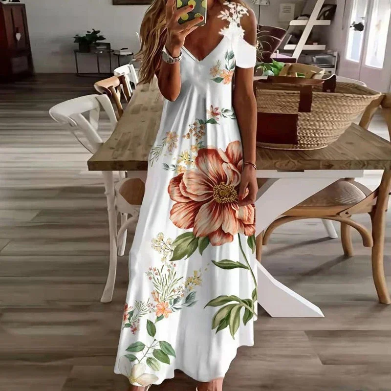Dames Print Witte Kanten Mouwloze Jarreteljurk Zomer Mode Casual Lange Jurk - afbeelding 2