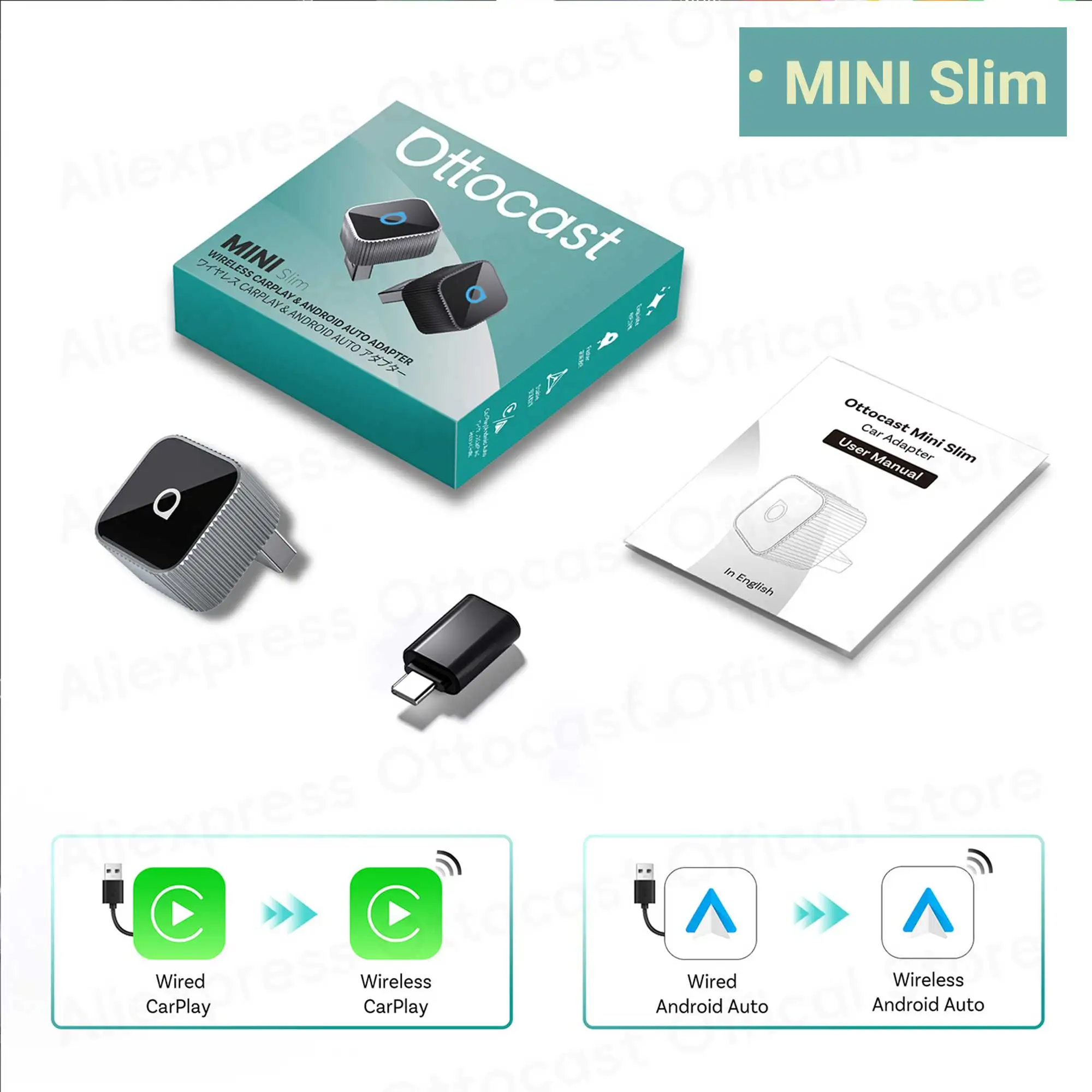 OTTOCAST Mini Slim Cube Wireless CarPlay Android Auto Adapter 2 in 1 USB AI Autozubehör für VW Haval Audi Kia Porsche Lexus