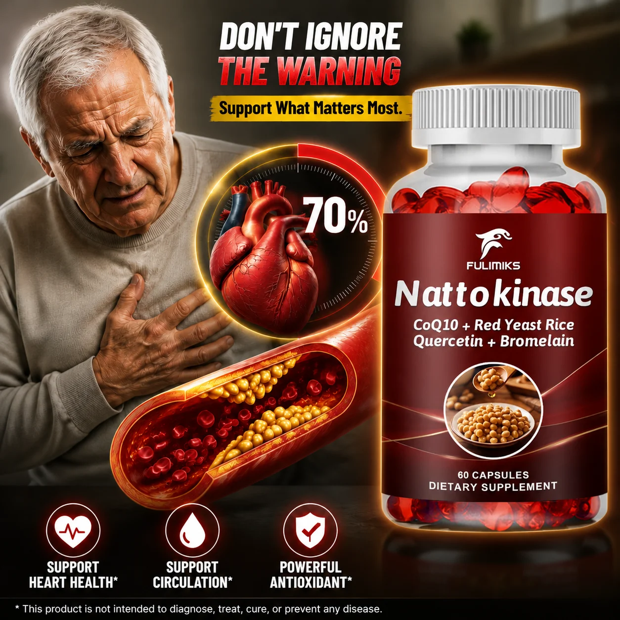 Nattokinase Supplement with CoQ10, Red Yeast Rice, Quercetin, Bromelain, Support Blood Flow, Heart Health, Digestive Aid, Energy