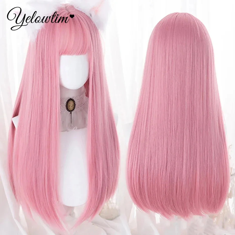 Yelowyim Cosplay Perücke mit Pony synthetisches glattes Haar 24 Zoll lange hitze beständige rosa Perücke für Frauen