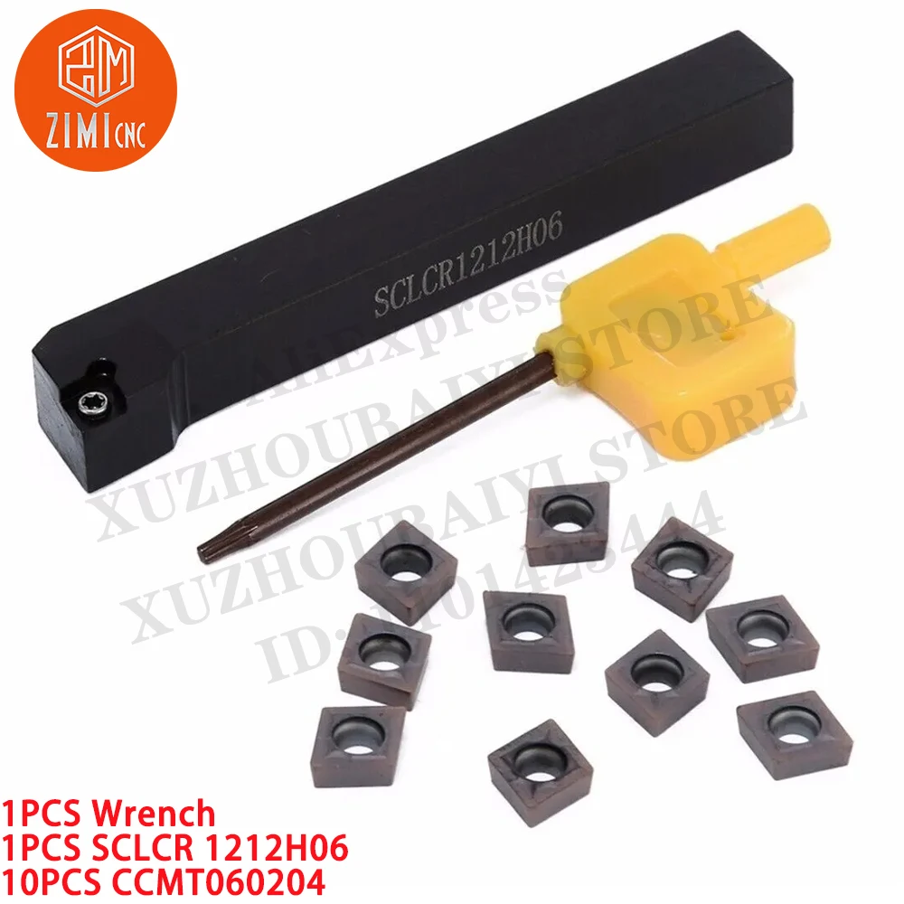 1PCS SCLCR1212H06 12mm Lathe Turning Tool Holder Boring Bar +10PCS CCMT060204 Carbide Inserts CNC metal mechanical cutting tools