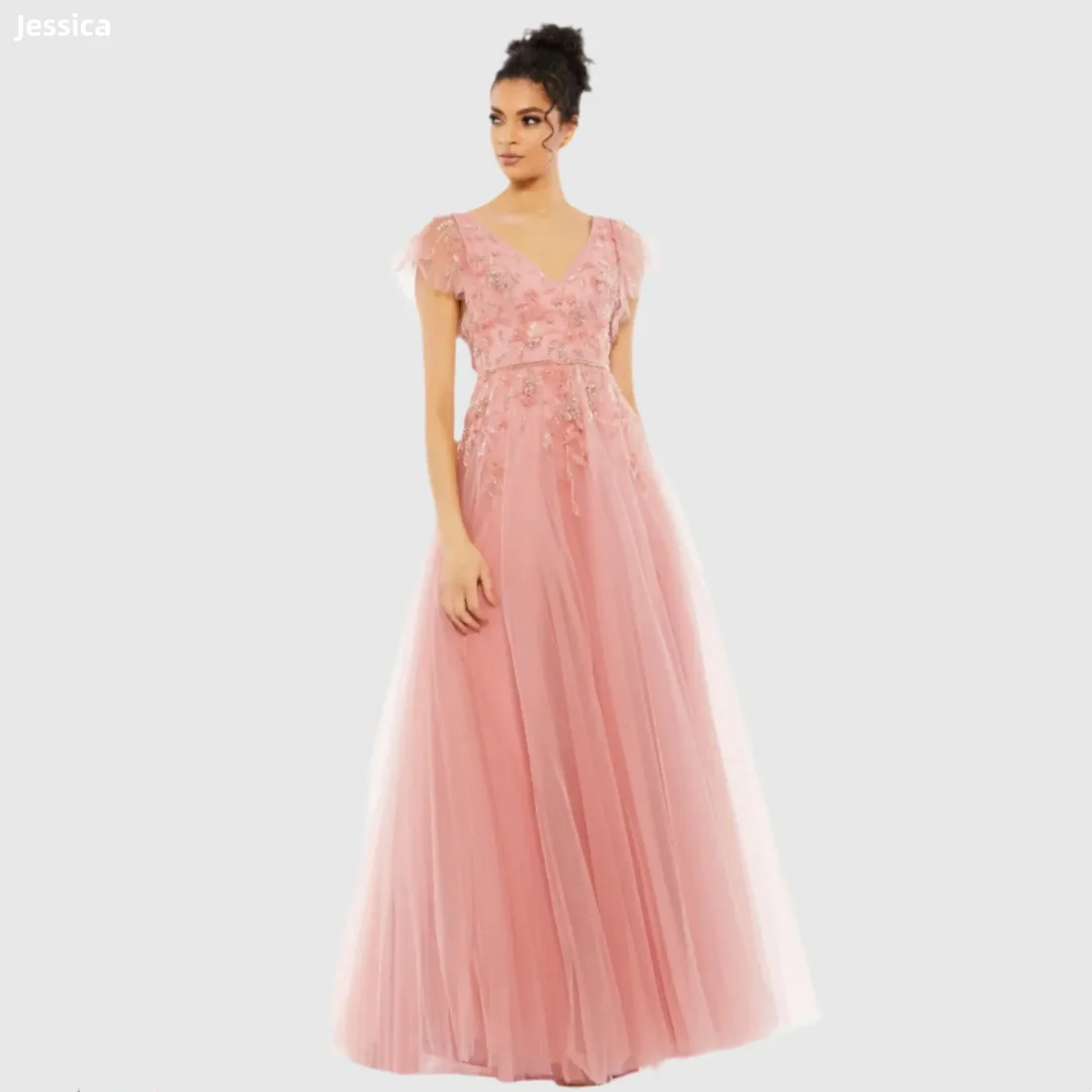 

Jessica Sequin Embroidery Evening Dresses Pink Tulle V-neck Prom Dresses Women's Wedding Party Dresses Customized