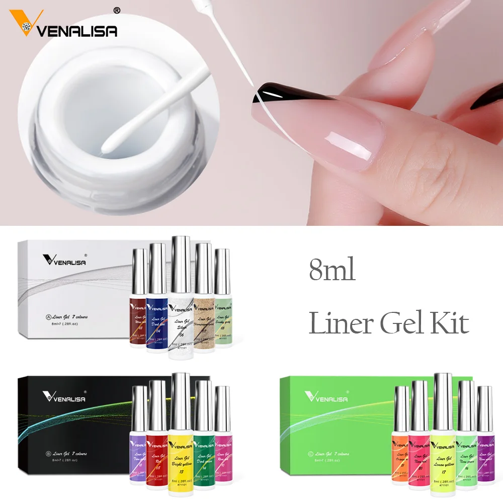 VENALISA Liner Gel 8ml 7Color Kit French Gel Nail Art Design Super Brush Glitter Neon Color Painting Gel Easy Apply Drawing Gel