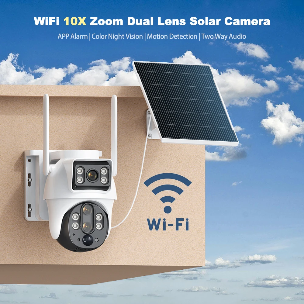 8MP Solar IP Camera WiFi Outdoor Dual Lens PTZ Security Camera HD Built in Battery Solar Panel Wireless Camera PIR Alarm